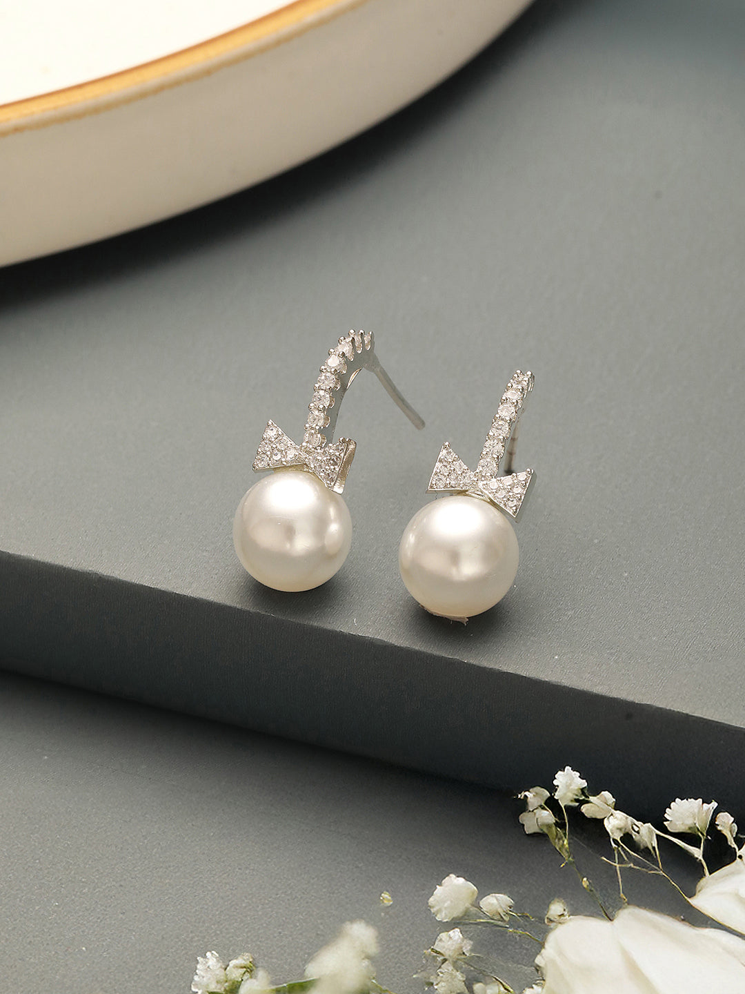 White Rhodium Plated AD  & Pearl Studded Bow Pearl Drop  Minimal earrings